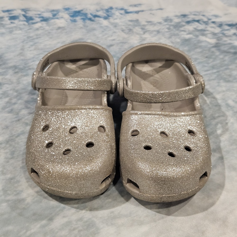 Crocs Toddler Girls C12 Silver Glitter Mary Jane Slip On Shoes
